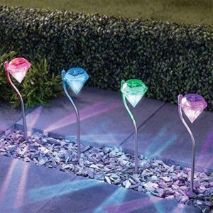 solar garden lights, epicgadget outdoor decorations color changing led diamond solar light stainless steel stake pathway lights for landscape walkway yard path deck lawn patio driveway (4 pieces)