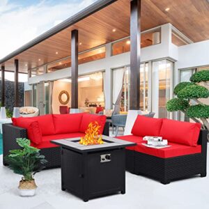 outdoor patio pe wicker 5 piece furniture set, black rattan sectional conversation sofa chair with square propane fire pit table, red cushion