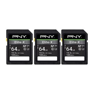 pny 64gb elite-x class 10 u3 v30 sdxc flash memory card 3-pack – 100mb/s, class 10, u3, v30, 4k uhd, full hd, uhs-i, full size sd​