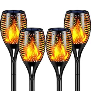 fuurin led solar torch lights, 4pack 96led solar tiki torches landscape decoration, solar pathway lights for garden patio driveway (96led 4pack, warm white)