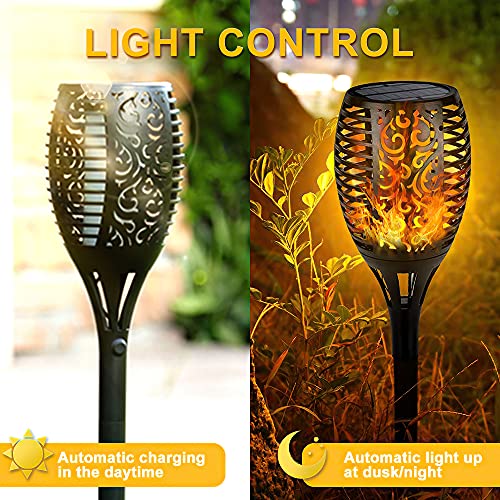 Fuurin LED Solar Torch Lights, 4Pack 96LED Solar Tiki Torches Landscape Decoration, Solar Pathway Lights for Garden Patio Driveway (96LED 4Pack, Warm White)