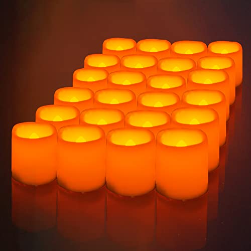 Halloween Orange LED Tea Light, Battery Operated Flameless Flickering Votive Candle Bulk for Halloween Pumpkin Christmas Wedding Party Table Centerpiece Decorations Supplies 24 Sets Batteries Included