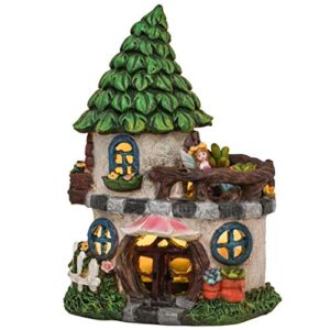 teresa’s collections fairy house garden statues with solar lights, 2-tier resin cute outdoor statues cottage figurine treehouse lawn ornaments garden gifts for flower patio yard decor, 7.7″