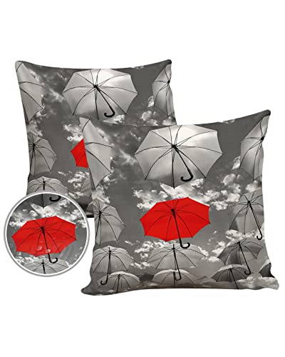 Outdoor Pillows 16x16 Waterproof Outdoor Pillow Covers, Red Umbrella Polyester Throw Pillow Covers Garden Cushion Decorative Case for Patio Couch Decoration Set of 2, Standing Out