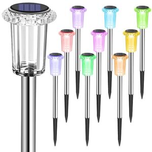 eyrosa solar outdoor lights, 10 pack solar pathway lights outdoor waterproof, stainless steel solar stake lights for garden yard path walkway driveway patio lawn decor – color changing