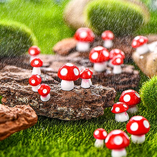 Cute Tiny Mushrooms Mini Miniature Figurines Fairy Garden Mushrooms Ornaments Mushroom Model Garden Miniature Statue Landscape DIY Bonsai Craft for Home Decoration Supplies (Red,50 Pieces)