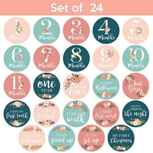 Baby Monthly Stickers | Floral Baby Milestone Stickers | Newborn Girl Stickers | Month Stickers for Baby Girl | Baby Girl Stickers | Newborn Monthly Milestone Stickers (Set of 24)