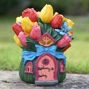 art elf garden fairy house with solar powered lights outdoor cottage decor statue indoor decoration tulip figurine yard ornaments gift for patio lawn