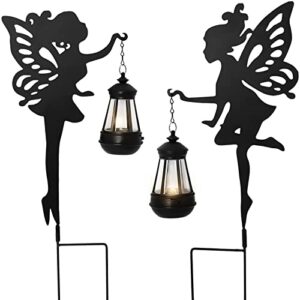 poweka fairy garden decor solar light, metal statues solar landscape lights outdoor waterproof hanging lantern for lawn patio yard walkway front porch decoration （2pack）