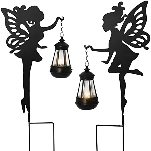 Poweka Fairy Garden Decor Solar Light, Metal Statues Solar Landscape Lights Outdoor Waterproof Hanging Lantern for Lawn Patio Yard Walkway Front Porch Decoration （2Pack）