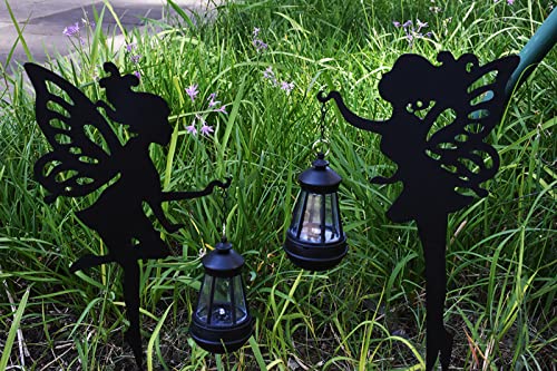 Poweka Fairy Garden Decor Solar Light, Metal Statues Solar Landscape Lights Outdoor Waterproof Hanging Lantern for Lawn Patio Yard Walkway Front Porch Decoration （2Pack）