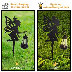 Poweka Fairy Garden Decor Solar Light, Metal Statues Solar Landscape Lights Outdoor Waterproof Hanging Lantern for Lawn Patio Yard Walkway Front Porch Decoration （2Pack）