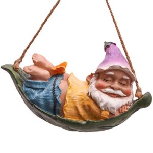 teresa’s collections cute garden gnomes decorations for yard hanging statues outdoor gifts, sleepy gnome in swing leaf hammock resin tree ornaments figurines for stump branch lawn patio decor, 7.5″