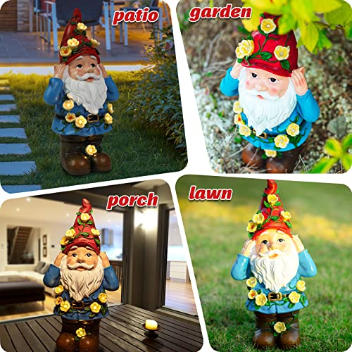 Ovewios Garden Gnome Statue, Large Funny Garden Sculptures & Statues Flowers Decorations with Solar LED Light Resin Outdoor Statues for Outdoor Patio Lawn Porch Yard Ornaments