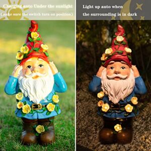 Ovewios Garden Gnome Statue, Large Funny Garden Sculptures & Statues Flowers Decorations with Solar LED Light Resin Outdoor Statues for Outdoor Patio Lawn Porch Yard Ornaments