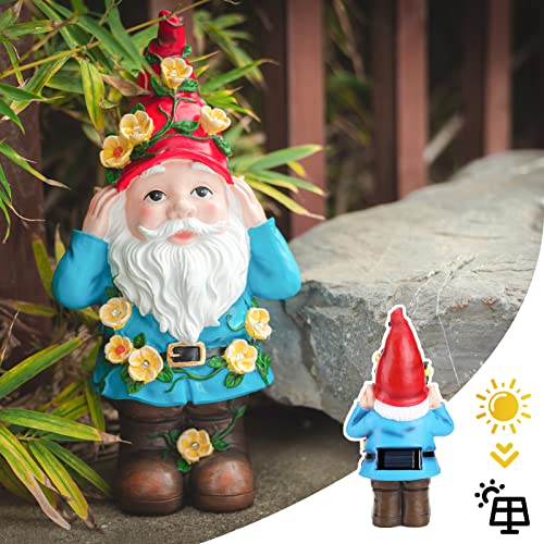 Ovewios Garden Gnome Statue, Large Funny Garden Sculptures & Statues Flowers Decorations with Solar LED Light Resin Outdoor Statues for Outdoor Patio Lawn Porch Yard Ornaments