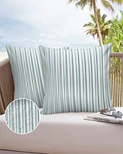 waterproof outdoor pillow covers, teal blue grey striped decorative pillow cases, hand drawn white modern art aesthetics square garden throw cushion cases for patio/sofa/couch 18″x18″ 2 pack