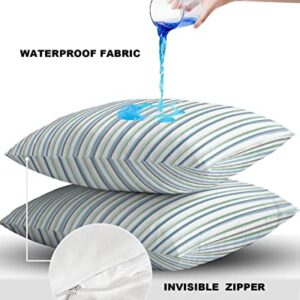 Waterproof Outdoor Pillow Covers, Teal Blue Grey Striped Decorative Pillow Cases, Hand Drawn White Modern Art Aesthetics Square Garden Throw Cushion Cases for Patio/Sofa/Couch 18"x18" 2 Pack