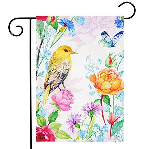 Whimsical Bird Spring Burlap Garden Flag Floral 12.5" x 18" Briarwood Lane