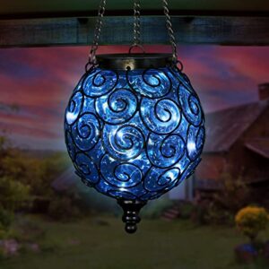 exhart outdoor garden solar lights, round glass and metal hanging lantern, 15 firefly led lights, 7 x 20 inch, blue