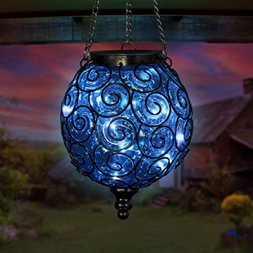 Exhart Outdoor Garden Solar Lights, Round Glass and Metal Hanging Lantern, 15 Firefly LED Lights, 7 x 20 Inch, Blue