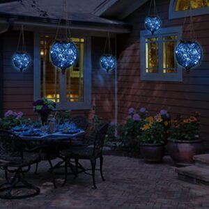 Exhart Outdoor Garden Solar Lights, Round Glass and Metal Hanging Lantern, 15 Firefly LED Lights, 7 x 20 Inch, Blue