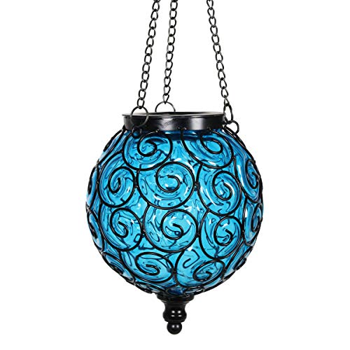 Exhart Outdoor Garden Solar Lights, Round Glass and Metal Hanging Lantern, 15 Firefly LED Lights, 7 x 20 Inch, Blue