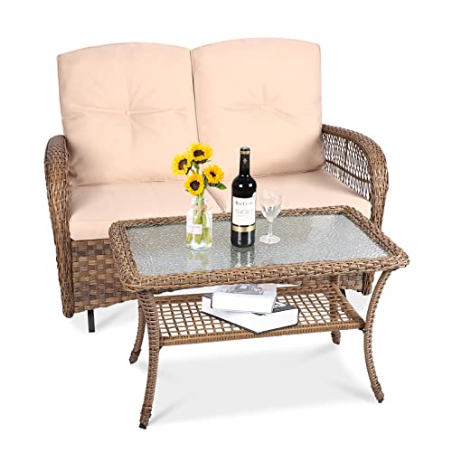 VIVIJSAON 2-Piece Patio Wicker Loveseat Glider Set Cushioned, Outdoor Conversation Furniture Sets with 2-Seater Glider Rocking Bench, Coffee Table and Cushions for Porch Garden Poolside, Light Brown