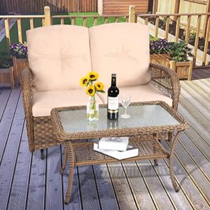 VIVIJSAON 2-Piece Patio Wicker Loveseat Glider Set Cushioned, Outdoor Conversation Furniture Sets with 2-Seater Glider Rocking Bench, Coffee Table and Cushions for Porch Garden Poolside, Light Brown