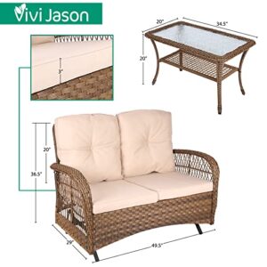 VIVIJSAON 2-Piece Patio Wicker Loveseat Glider Set Cushioned, Outdoor Conversation Furniture Sets with 2-Seater Glider Rocking Bench, Coffee Table and Cushions for Porch Garden Poolside, Light Brown