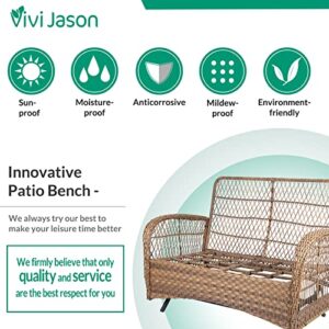 VIVIJSAON 2-Piece Patio Wicker Loveseat Glider Set Cushioned, Outdoor Conversation Furniture Sets with 2-Seater Glider Rocking Bench, Coffee Table and Cushions for Porch Garden Poolside, Light Brown