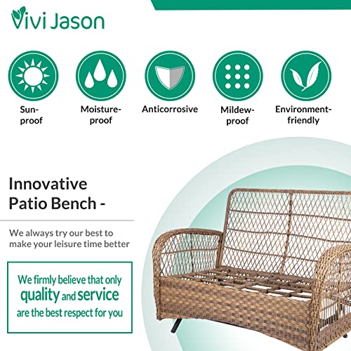 VIVIJSAON 2-Piece Patio Wicker Loveseat Glider Set Cushioned, Outdoor Conversation Furniture Sets with 2-Seater Glider Rocking Bench, Coffee Table and Cushions for Porch Garden Poolside, Light Brown