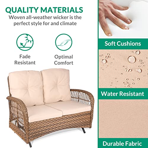 VIVIJSAON 2-Piece Patio Wicker Loveseat Glider Set Cushioned, Outdoor Conversation Furniture Sets with 2-Seater Glider Rocking Bench, Coffee Table and Cushions for Porch Garden Poolside, Light Brown