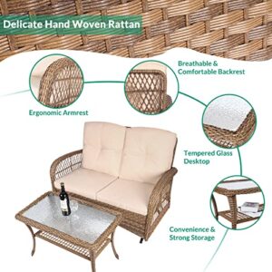 VIVIJSAON 2-Piece Patio Wicker Loveseat Glider Set Cushioned, Outdoor Conversation Furniture Sets with 2-Seater Glider Rocking Bench, Coffee Table and Cushions for Porch Garden Poolside, Light Brown