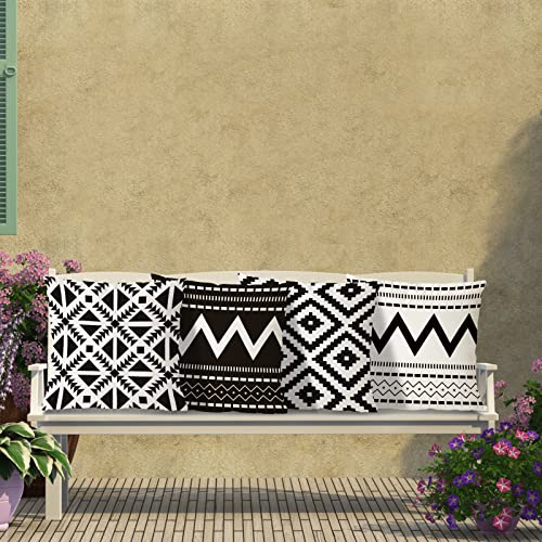 Outdoor Pillow Covers 18x18 Waterproof Set of 4 Boho Black and White Outdoor Pillows for Patio Furniture Decorative Garden Cushion Couch Throw Pillows Covers Farmhouse Home Decor 