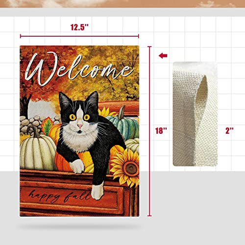 CMEGKE Fall Cat Garden Flag Cat Autumn Thanksgiving Garden Flag Hello Fall Yard Flag, Fall Flag for Garden Double Sided Burlap Seasonal Home Cat Autumn Farmhouse Outdoor Decor 12.5 x 18 In