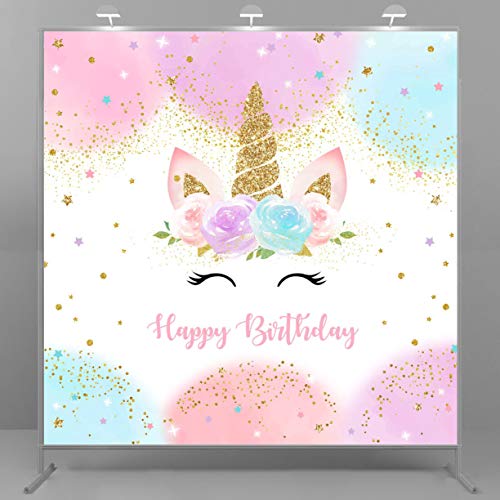 Mocsicka Rainbow Unicorn Backdrop Happy Birthday Party Decorations for Girls Watercolor Floral Glitter Stars Dots UnicornCake Table Banner Supplies Studio Props (6x6ft)