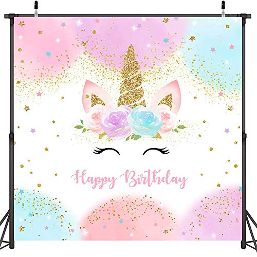 Mocsicka Rainbow Unicorn Backdrop Happy Birthday Party Decorations for Girls Watercolor Floral Glitter Stars Dots UnicornCake Table Banner Supplies Studio Props (6x6ft)