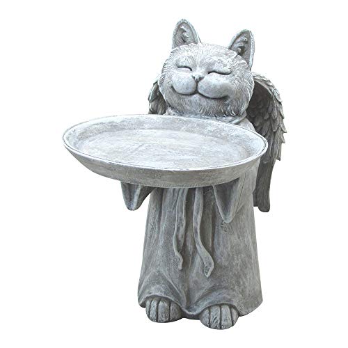 Comfy Hour 10" Polyresin Cat Angel Birdfeeder Memorial Pet Statue Figurine for Your Home Or Garden, Gray, Pet in Loving Memory Collection