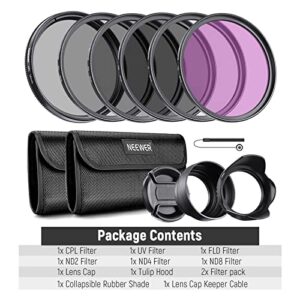 NEEWER 58mm Professional Lens Filter Kit: UV CPL FLD, ND2 ND4 ND8, Lens Hood, Lens Cap, Neutral Density Filter and Accessory Kit Compatible with Canon Nikon Sony Panasonic DSLR Cameras with 58mm Lens