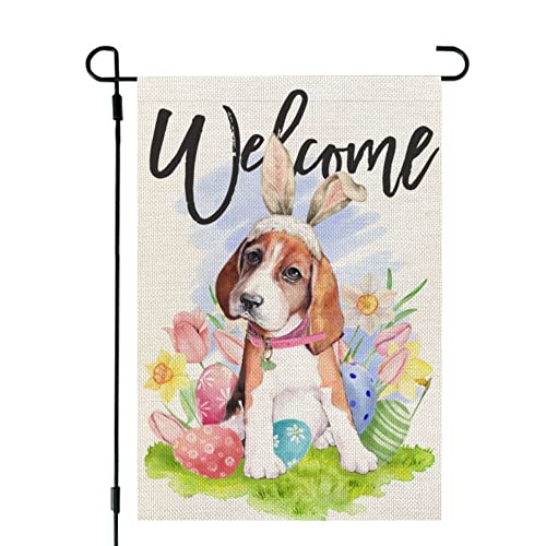 CROWNED BEAUTY Easter Dog Garden Flag Beagle Bunny Ears 12X18 Inch Small Double Sided for Outside Floral Eggs Burlap Yard Holiday Decoration CF762-12