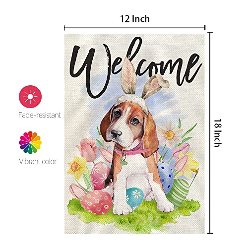 CROWNED BEAUTY Easter Dog Garden Flag Beagle Bunny Ears 12X18 Inch Small Double Sided for Outside Floral Eggs Burlap Yard Holiday Decoration CF762-12