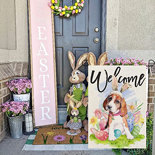 CROWNED BEAUTY Easter Dog Garden Flag Beagle Bunny Ears 12X18 Inch Small Double Sided for Outside Floral Eggs Burlap Yard Holiday Decoration CF762-12