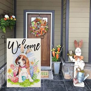 CROWNED BEAUTY Easter Dog Garden Flag Beagle Bunny Ears 12X18 Inch Small Double Sided for Outside Floral Eggs Burlap Yard Holiday Decoration CF762-12