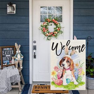 CROWNED BEAUTY Easter Dog Garden Flag Beagle Bunny Ears 12X18 Inch Small Double Sided for Outside Floral Eggs Burlap Yard Holiday Decoration CF762-12