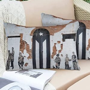 Xback Outdoor Throw Pillow Covers Waterproof Cushion Cases Set of 2, Wood Door Figure Peeled Wall Pentagram Oil Painting Puerto Rico Theme Decorative Pillowcases for Patio Furniture Garden Tent-