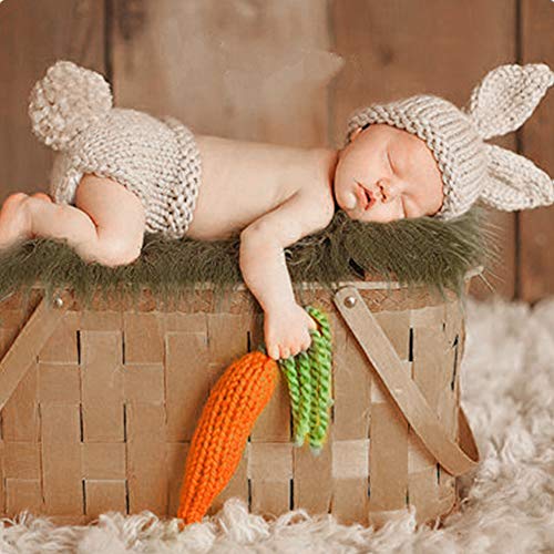 IBTOM CASTLE Crochet Bunny Rabbit Costume &Carrot for Newborn Photography Props Knit Infant Baby Animal Hat Cap for Photo Shoot Hat + Shorts + Carrot One Size