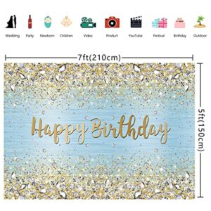 WDA Blue Happy Birthday Backdrop Golden Diamond Shiny Bokeh Photography Background Sweet Girl Party Photo Decoration Banner Dessert Cake Table Supplies (7x5FT)