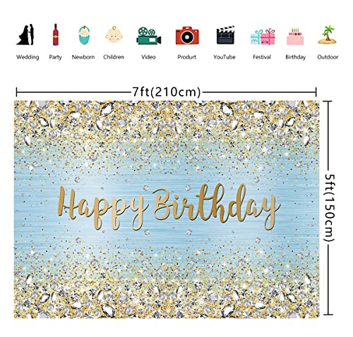 WDA Blue Happy Birthday Backdrop Golden Diamond Shiny Bokeh Photography Background Sweet Girl Party Photo Decoration Banner Dessert Cake Table Supplies (7x5FT)