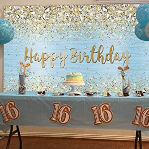 WDA Blue Happy Birthday Backdrop Golden Diamond Shiny Bokeh Photography Background Sweet Girl Party Photo Decoration Banner Dessert Cake Table Supplies (7x5FT)